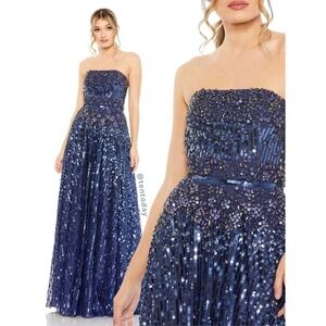 $1198 NWT Mac Duggal Size 16 Dark Navy Blue Sequin Jeweled Long Maxi Dress Gown